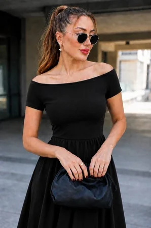 Kadın Madonna Yaka Kısa Kollu Kısa Janjan Krep Elbise