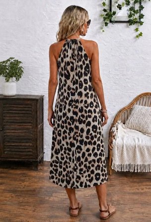 Kadın Omuzlardan Açık Yakada Halka Detaylı Leopar Desenli Midi Süprem Elbise