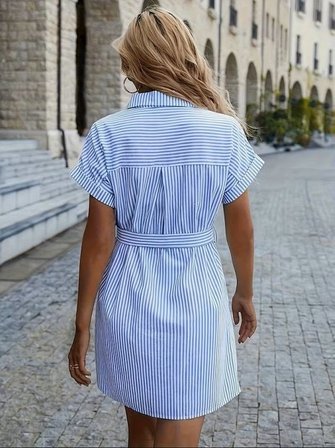 Kadın Kısa Kollu Yakalı önden Düğmeli Beli Kuşaklı Trikoton Elbise