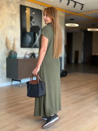 Kadın Kısa Kollu Yakalı Cepli Uzun Viskon Iki Iplik Elbise