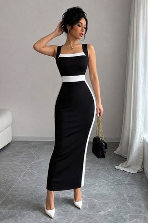 Kadın Askılı Geometrik Yakalı şerit Detaylı Uzun Dalgıç Elbise
