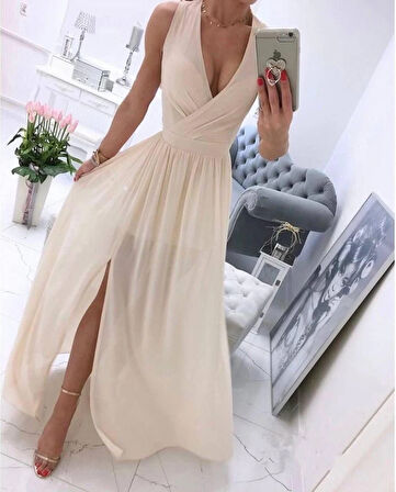 Kadın şifon Kumaş V Yaka Sıfır Kol Maxi Boy Elbise