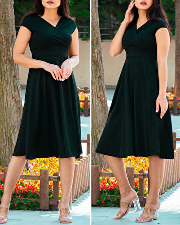 Düşük Omuz Eteği Pileli Krep Kumaş Midi Boy Elbise