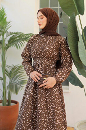 Kadın Papatya Desen Bisiklet Yaka Belden Bağlamalı Elbise