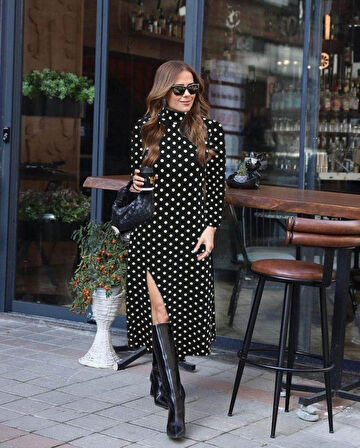 Kadın Uzun Kollu Balıkçı Yaka Yırtmaçlı Krep Elbise