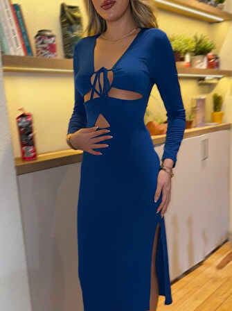 Kadın Uzun Kollu Göğüs Ve Göbek Dekolte Detay Sandy Midi Boy Elbise