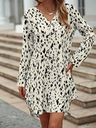 Kadın Uzun Kollu V Yakalı Desenli Kısa Keten Elbise