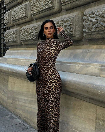 Kadın Uzun Kollu Balıkçı Yaka Gull Likralı Leopar Desen Maxi Boy Elbise