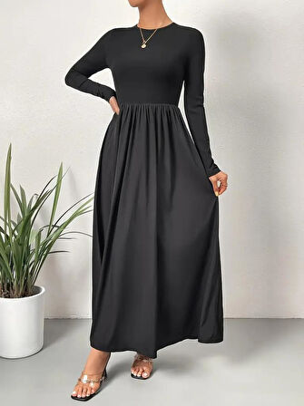 Kadın Uzun Kollu Bisiklet Yaka Uzun üst Viskon Alt Trikoton Elbise