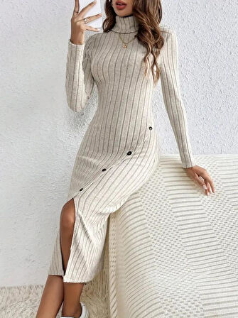 Kadın Uzun Kollu Balıkçı Yaka Yırtmaçlı Düğmeli şardonlu Kaşkorse Elbise(kemersiz)