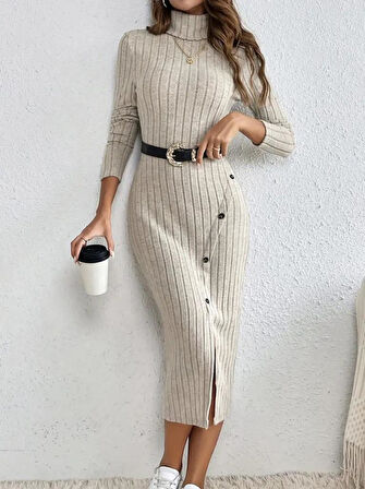 Kadın Uzun Kollu Balıkçı Yaka Yırtmaçlı Düğmeli şardonlu Kaşkorse Elbise(kemersiz)