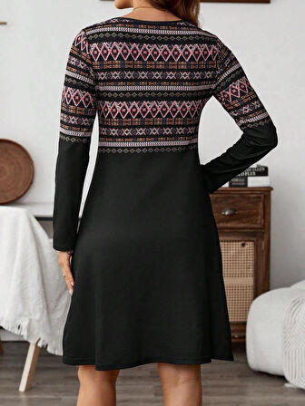 Kadın Uzun Kollu Bisiklet Yaka Etnik Desenli Kısa şardonlu Dalgıç Elbise