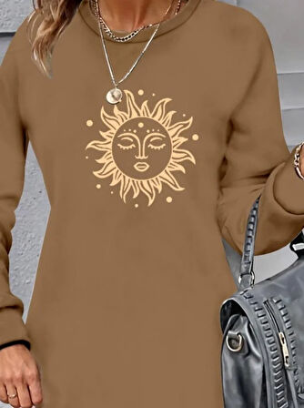 Kadın Uzun Kollu Bisiklet Yaka Güneş Desenli Viskon Iki Iplik Elbise