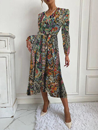 Kadın Uzun Kollu Kruvaze Yakalı Belden Kuşaklı Leopar