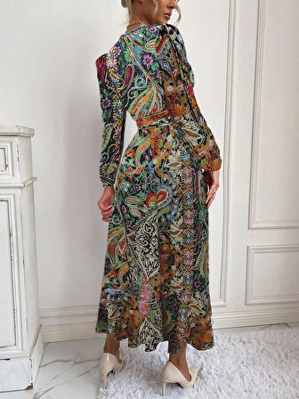 Kadın Uzun Kollu Kruvaze Yakalı Belden Kuşaklı Leopar