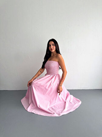 Straplez Pileli Elbise - Pembe
