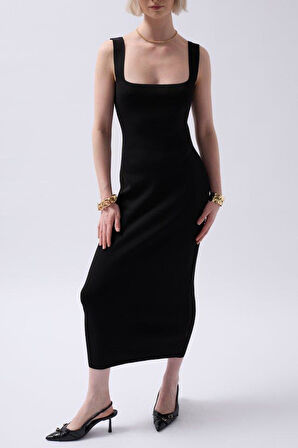 Kalın Askılı Midi Elbise