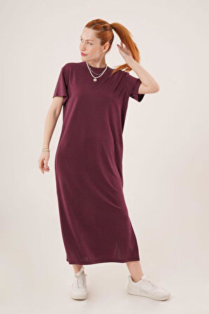 Yırtmaç Detaylı Kısa Kollu Salaş Maxi Bordo Elbise