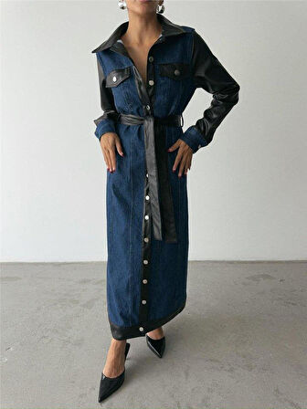 KOT ELBİSE UZUN ÖNDEN DÜĞMELİ - Mavi