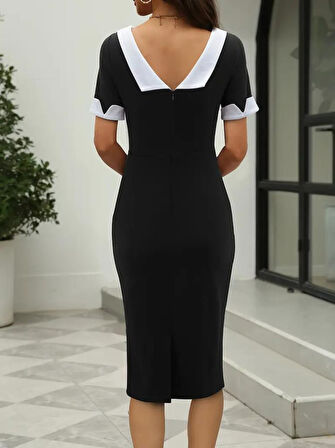 Kadın Kısa Kollu Kayık Yaka Arkadan Yakalı Ithal Krep Elbise