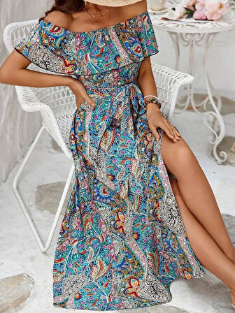 Kadın Kısa Kollu Madonna Yaka Fırfırlı Belden Yırtmaçlı Maksi Süprem Elbise