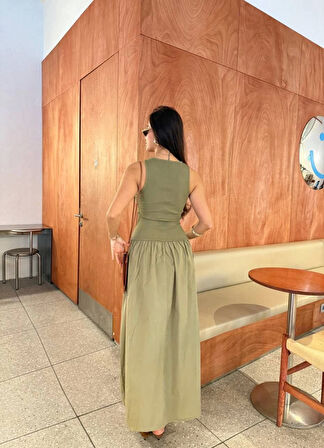Kolsuz Uzun Elbise - Haki