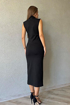 Siyah Boydan Fermuarlı Sıfır Kol Elbise