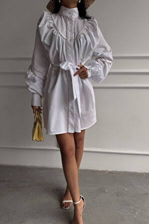 ÖNDEN DÜĞMELİ POPLİN KLOŞ ELBİSE BAĞLAMA KEMER DETAYLI - Beyaz