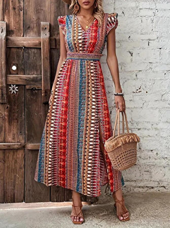 Kadın Kısa Kollu V Yakalı Desenli Yandan Yırtmaçlı Süprem Elbise