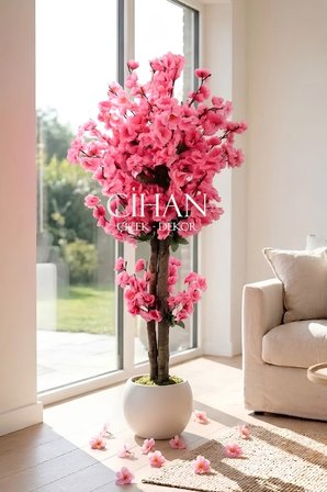 Yapay Pembe Japon Bahar Dalı Ağacı 100 cm Beyaz 27*33 Küre Saksılı