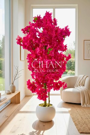 Fuşya Begonvil Yapay Ağaç 180 cm –30x30 Beyaz Plastik Küre Saksılı
