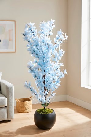 Yapay Açık Mavi Sakura Kiraz Çiçeği Ağacı 120 cm - Küre Plastik Saksılı 27x33 cm Saksı