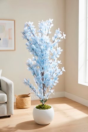 Yapay Açık Mavi Sakura Kiraz Çiçeği Ağacı 120 cm - Küre Plastik Saksılı 27x33 cm Saksı