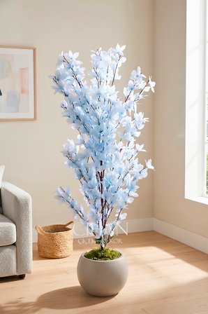 Yapay Açık Mavi Sakura Kiraz Çiçeği Ağacı 120 cm - Küre Plastik Saksılı 27x33 cm Saksı