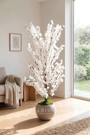 Yapay Beyaz Sakura Kiraz Çiçeği Ağacı 120 cm - Küre Plastik Saksılı 27x33 cm Saksı