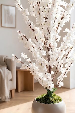 Yapay Beyaz Sakura Kiraz Çiçeği Ağacı 120 cm - Küre Plastik Saksılı 27x33 cm Saksı