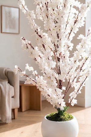 Yapay Beyaz Sakura Kiraz Çiçeği Ağacı 120 cm - Küre Plastik Saksılı 27x33 cm Saksı