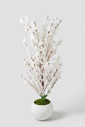 Yapay Beyaz Sakura Kiraz Çiçeği Ağacı 120 cm - Küre Plastik Saksılı 27x33 cm Saksı