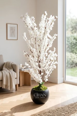 Yapay Beyaz Sakura Kiraz Çiçeği Ağacı 120 cm - Küre Plastik Saksılı 27x33 cm Saksı
