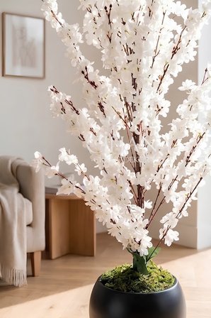 Yapay Beyaz Sakura Kiraz Çiçeği Ağacı 120 cm - Küre Plastik Saksılı 27x33 cm Saksı