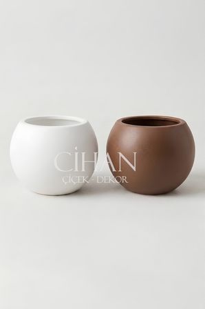 2’li Premium Plastik Küre Saksı Seti (30x30 cm) – Beyaz & Kahverengi