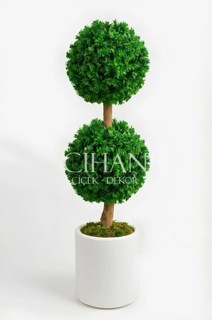 Yapay Çift Katlı Top Şimşir Ağacı U.V. Dayanıklı 100 cm (Şimşir Çapı 35 cm) Plastik Silindir Saksılı