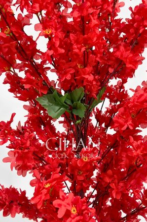 Yapay Kırmızı Sakura Kiraz Çiçeği Ağacı 120 cm - Küre Plastik Saksılı 27x33 cm Saksı