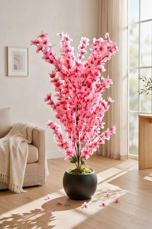 Yapay Pembe Sakura Kiraz Çiçeği Ağacı 120 cm - Küre Plastik Saksılı 27x33 cm Saksı
