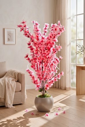 Yapay Pembe Sakura Kiraz Çiçeği Ağacı 120 cm - Küre Plastik Saksılı 27x33 cm Saksı