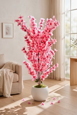 Yapay Pembe Sakura Kiraz Çiçeği Ağacı 120 cm - Küre Plastik Saksılı 27x33 cm Saksı