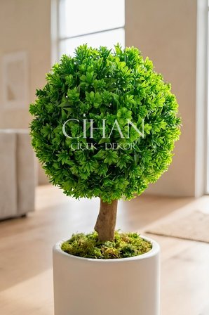 Yapay Top Şimşir Ağacı 70 cm (UV Dayanıklı) - Beyaz 32X30 Silindir Saksı Şimşir Çapı 35 cm