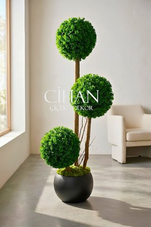Yapay 3'lü Şimşir Top Ağacı 150 cm (35 cm Çap) UV Dayanımlı 27x33 Siyah Küre Saksı