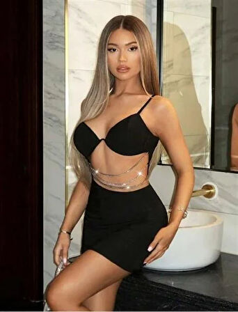 Markano  Zincir Detaylı Göğüs Dekolteli Siyah Mini Club Elbisesi