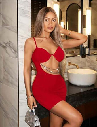 Markano  Zincir Detaylı Göğüs Dekolteli Kırmızı Mini Club Elbisesi